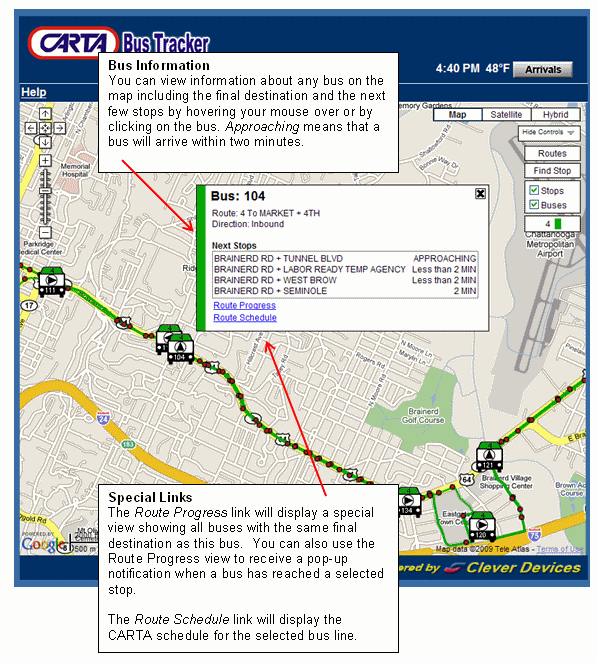 Bus Information - You can view information about any bus on the map including the final destination and the next few stops by clicking on the bus. Special Links - The Route Progress link will display a special view showing all buses with the same final destination as this bus.  You can also use that view to receive a pop-up notification when a bus has reached a selected stop. The Route Schedule link will display the NORTA schedule for the selected bus line.